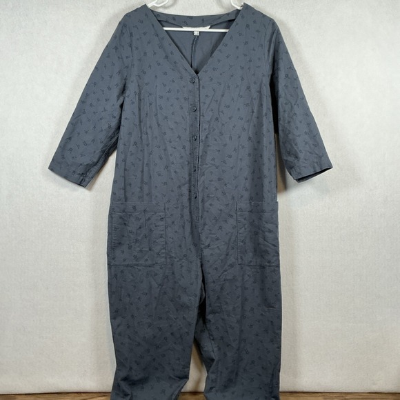 The Nines by Hatch 3/4 Sleeve Button Up Maternity Jumpsuit Indigo Floral‎ Large - Picture 1 of 11